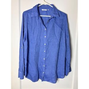 Chicos Blue 100% Linen Button Down Shirt Roll Tab Sleeve Womens Size 2 Large 12